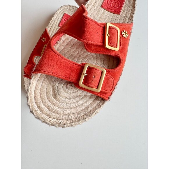 TORY BURCH Orange Suede Double Buckle Espadrille Slide Sandals, Size 7.5 - Picture 5 of 13
